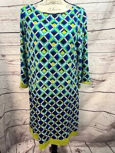 Jessica Howard Womens Size 16 Bright Green Blue Geometric Shift‎ Long Sleeve
